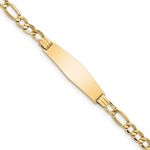 14K Yellow Gold Polished Semi-Solid Chain Solid Plate Figaro Link Soft Diamond Shape 34x 10mm Plate ID Bracelet, 7"