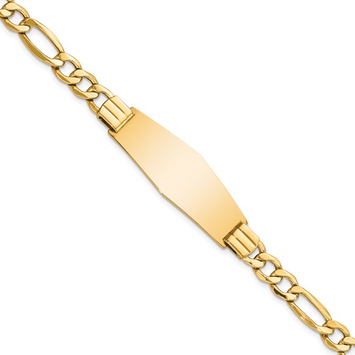 14K Yellow Gold Polished Semi-Solid Chain Solid Plate Figaro Link Soft Diamond Shape 39x 14mm Plate ID Bracelet, 8"