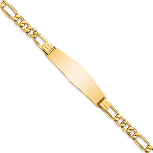 14K Yellow Gold Polished Semi-Solid Chain Solid Plate Figaro Link Soft Diamond Shape 38x 11mm Plate ID Bracelet, 8"