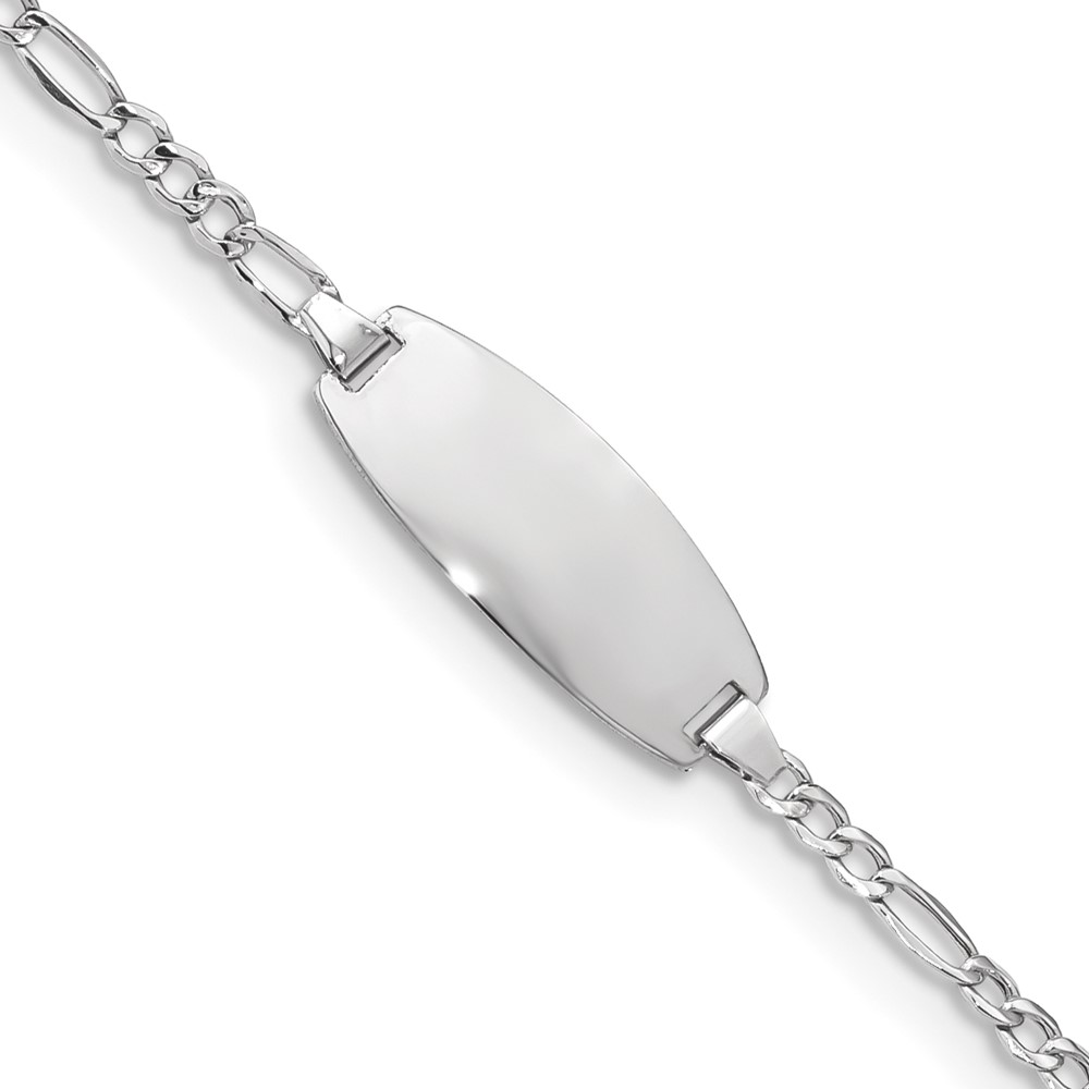14K White Gold Polished Semi-Solid Chain Solid Plate Figaro Link Oval 18.5x 8.5mm Plate ID Bracelet, 6"