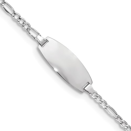 14k White Gold Polished Semi-Solid Chain/Solid Plate Figaro Link Oval 18.5x8.5mm Plate 6 inch Baby/Child ID Bracelet
