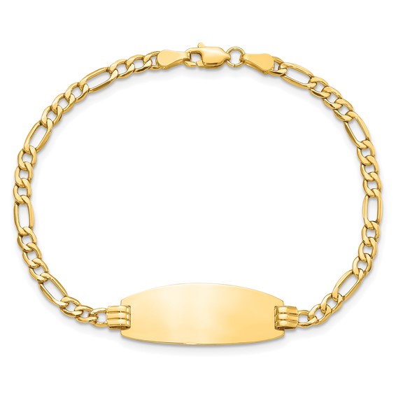 14k Polished Semi-Solid Chain/Solid Plate Figaro Link Oval 25x11.2mm Plate 7 inch ID Bracelet