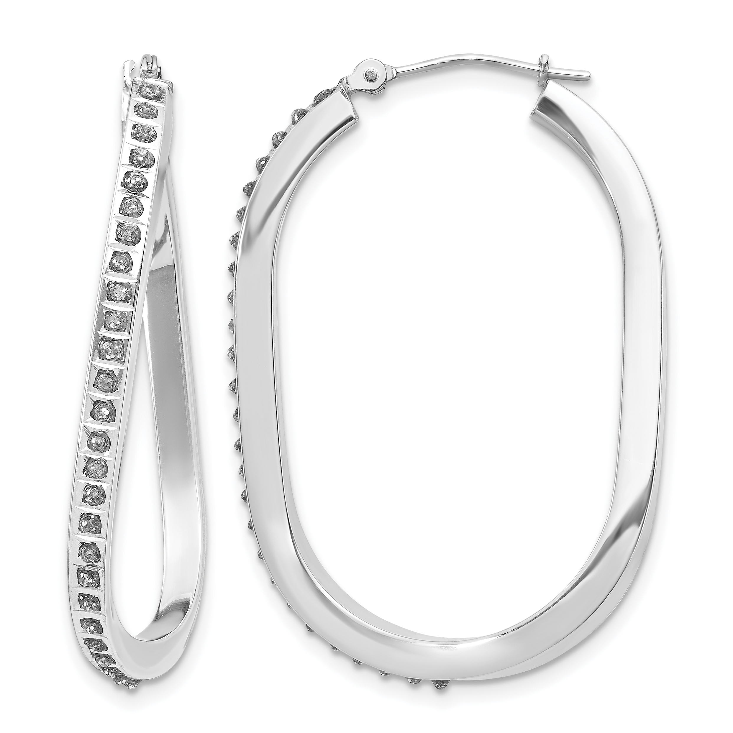 14k White Gold Diamond Fascination Oval Twist Hinged Hoop Earrings (DF151)