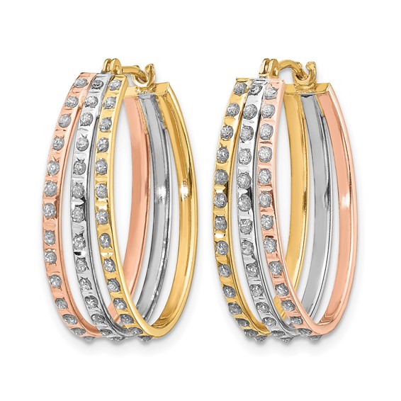14k Tri-color Diamond Fascination Diamond Dust/Accent Oval 3-Hoop Earrings