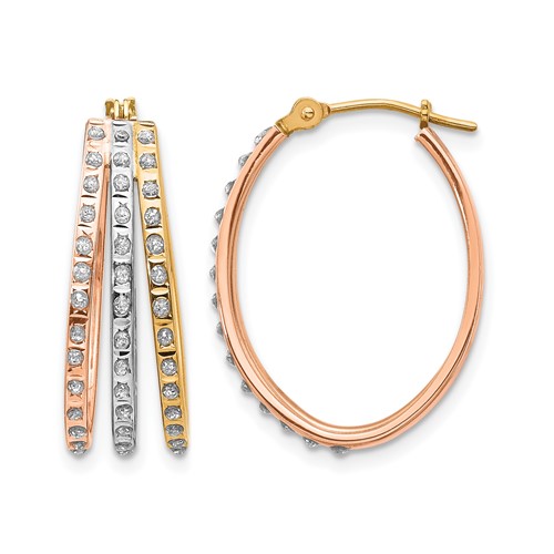 14K Tri-color Diamond Fascination Diamond Dust Accent Oval 3-Hoop Earrings