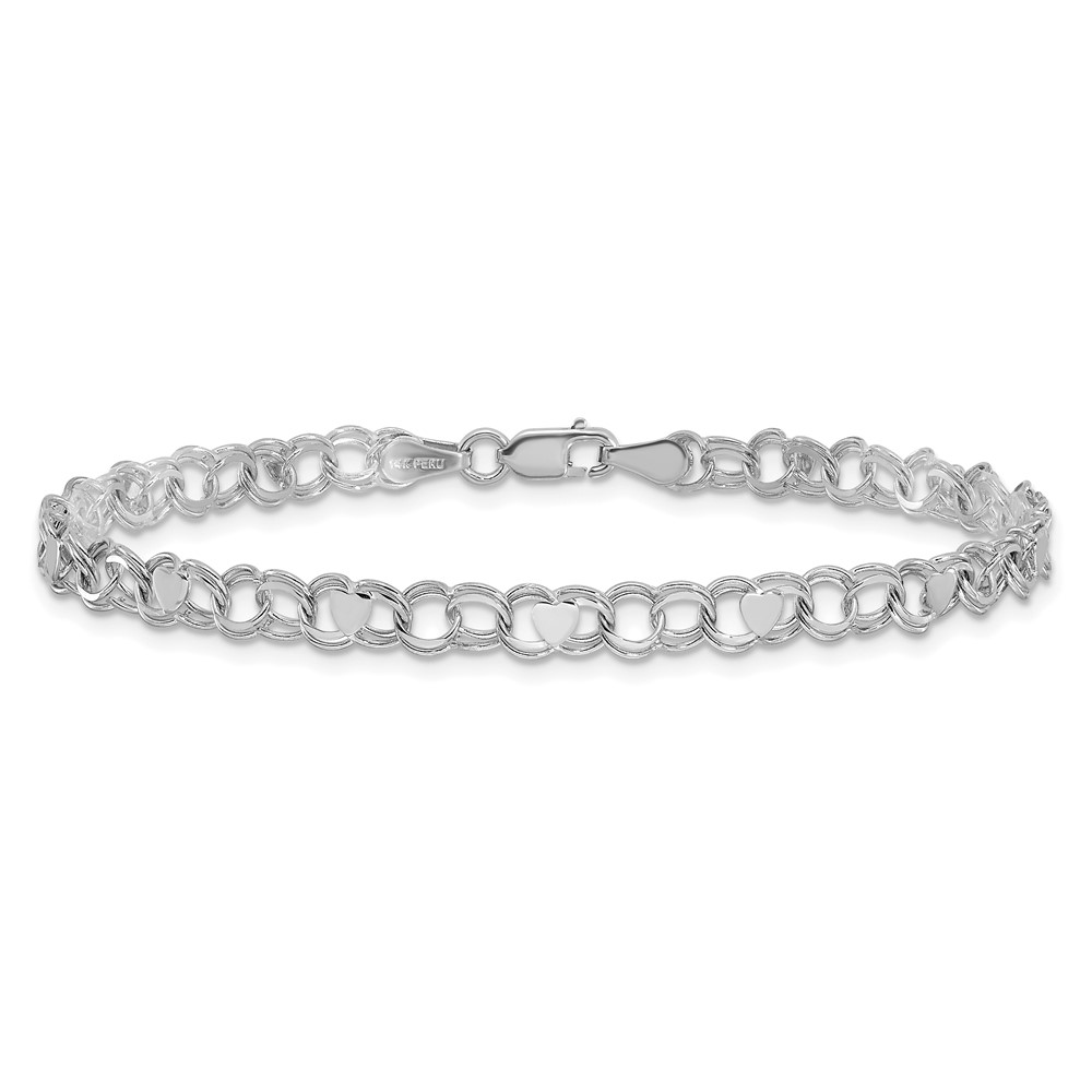 14k White Gold 4mm Solid Double Link with Hearts 7 inch Charm Bracelet (DO499W-7)