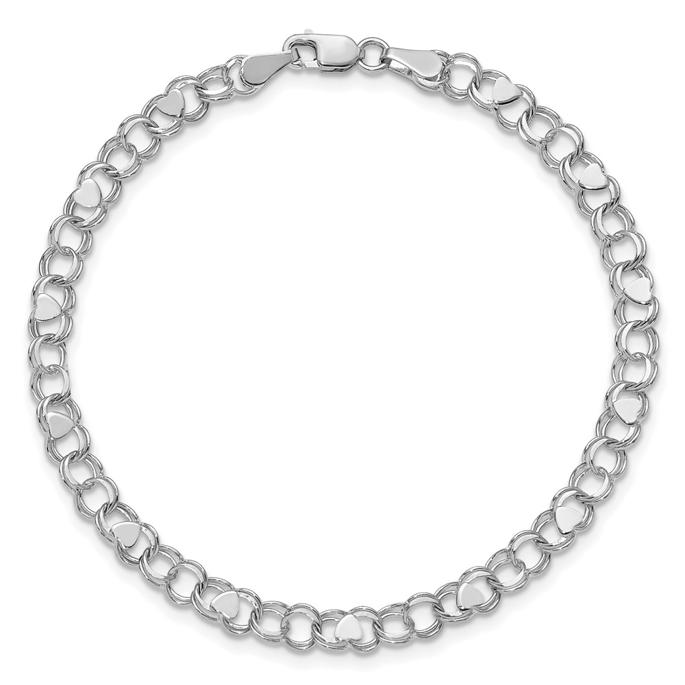14k White Gold 4mm Solid Double Link with Hearts 7 inch Charm Bracelet (DO499W-7)