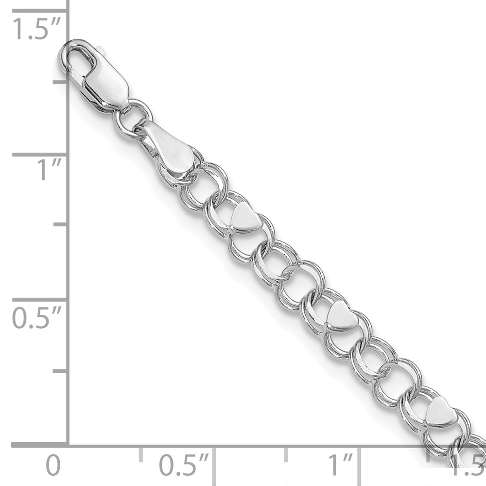 14k White Gold 4mm Solid Double Link with Hearts 7 inch Charm Bracelet (DO499W-7)