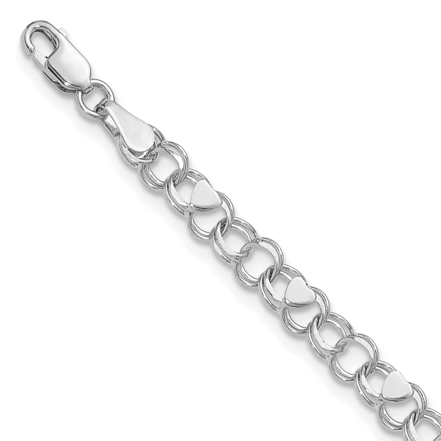 14k White Gold 4mm Solid Double Link with Hearts 7 inch Charm Bracelet (DO499W-7)