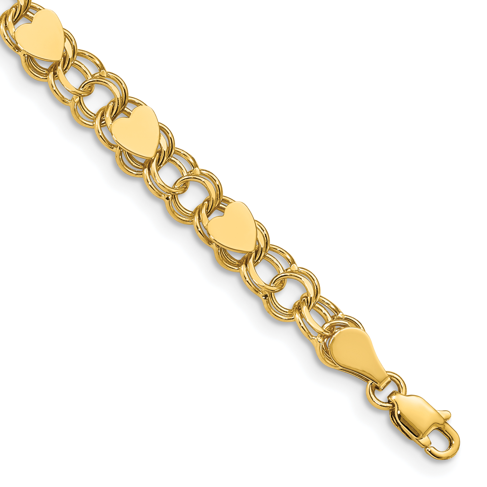14k 6mm Solid Double Link with Hearts 7 inch Charm Bracelet (DO500-7)