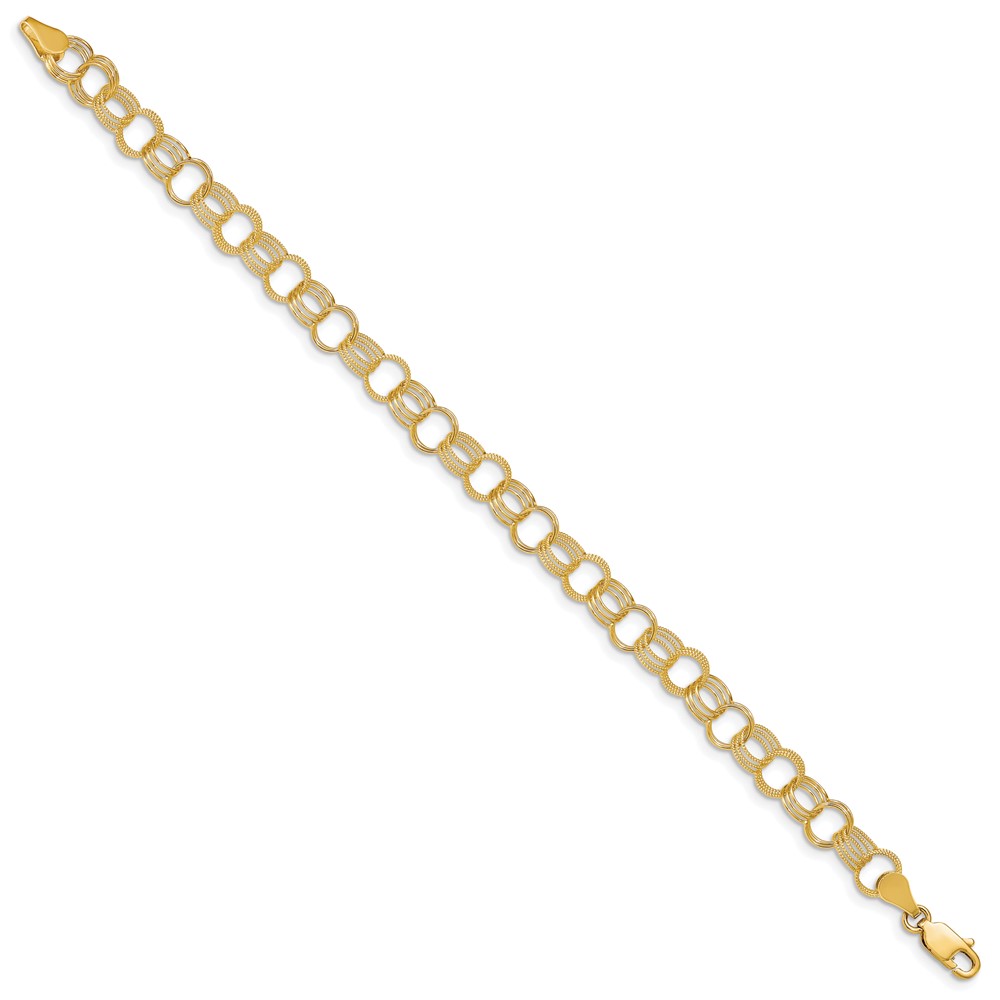 14k 7.5mm Solid Polished and Textured Triple Link 7 inch Charm Bracelet (DO532-7)