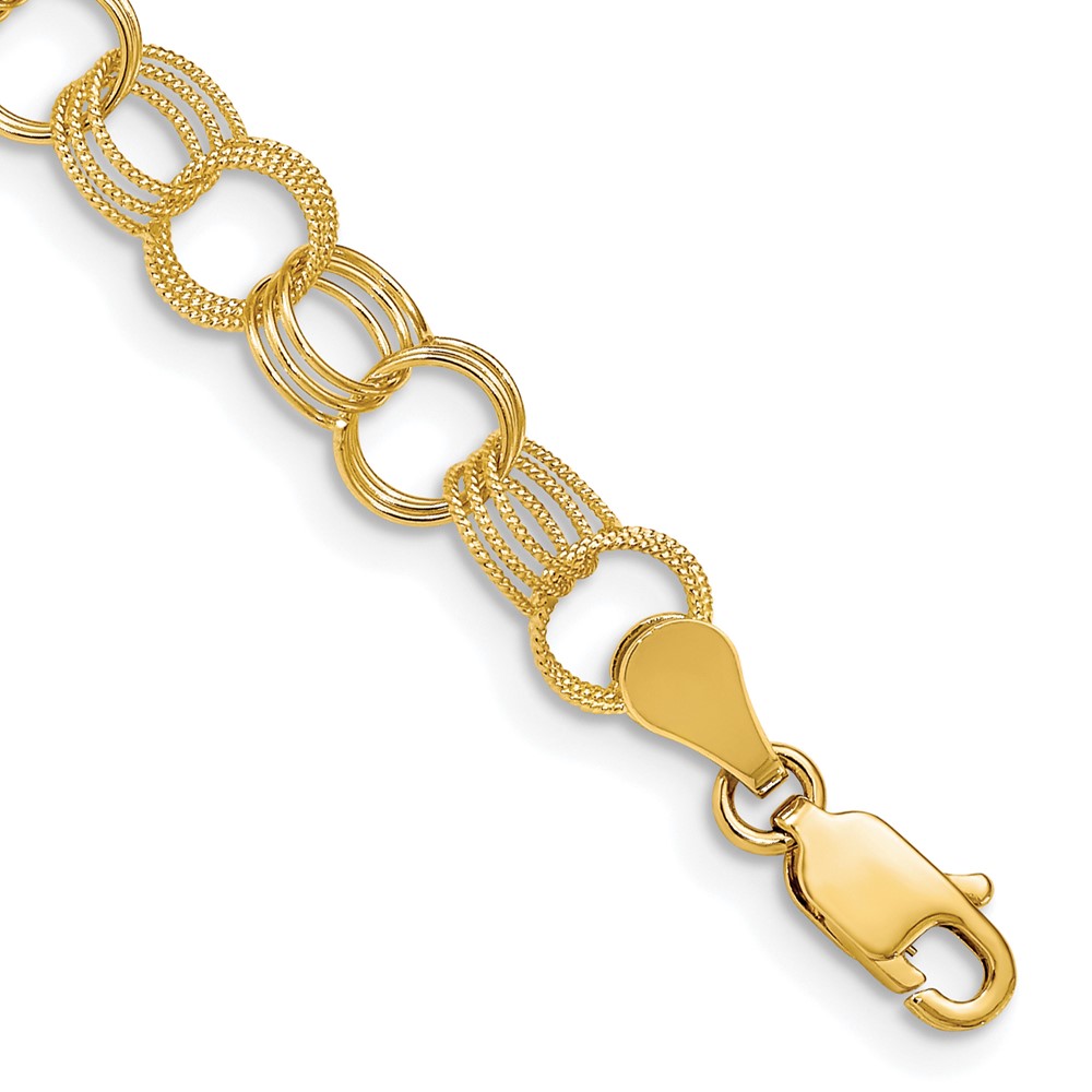 14K 7.5mm Solid Polished and Textured Triple Link 7 Inch Charm Bracelet