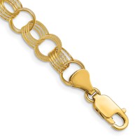 14K 8mm Yellow Gold Solid Polished and Textured Triple Link Charm Bracelet, 7" view 1
