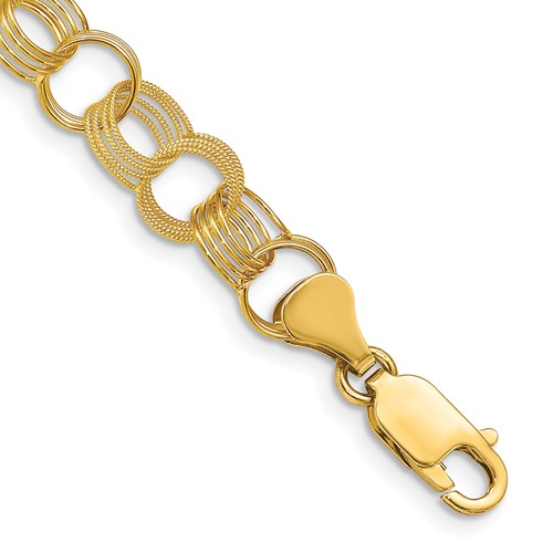 14K 8mm Yellow Gold Solid Polished and Textured Triple Link Charm Bracelet - 7in