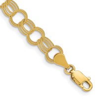 14K 6mm Yellow Gold Solid Textured Triple Link Charm Bracelet - 8in view 1