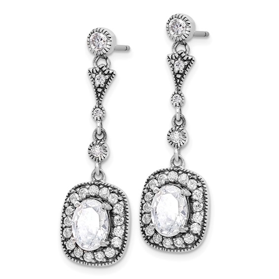 Sterling Silver Antiqued Polished CZ Post Dangle Earrings