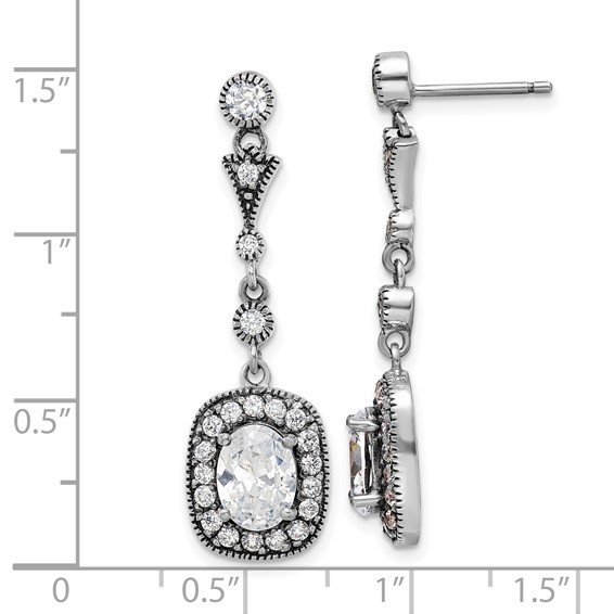 Sterling Silver Antiqued Polished CZ Post Dangle Earrings