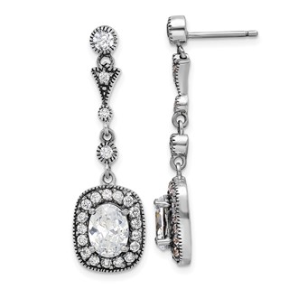 Sterling Silver Antiqued Polished CZ Post Dangle Earrings