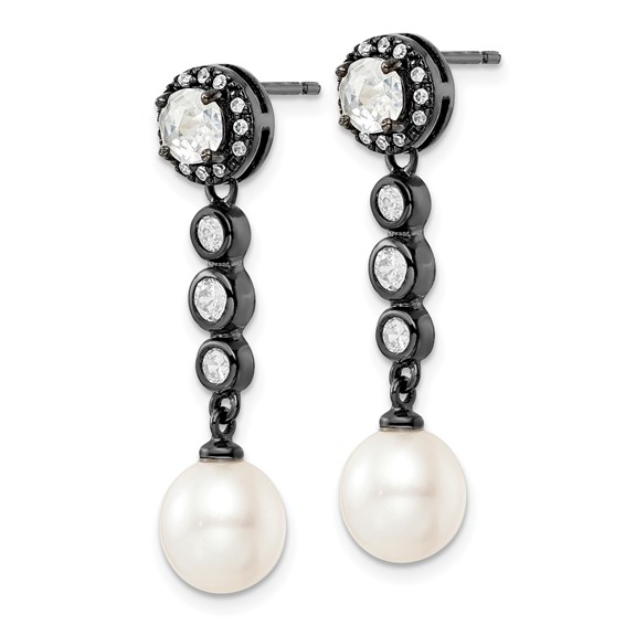 Sterling Silver Black Rhodium CZ & FWC Pearl Drop Earrings