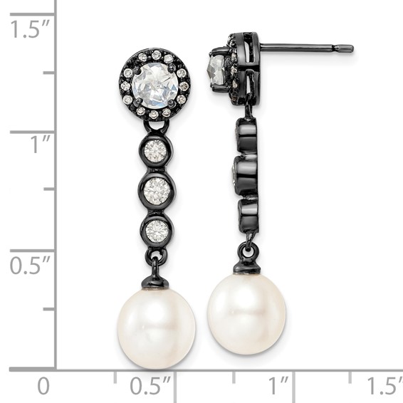Sterling Silver Black Rhodium CZ & FWC Pearl Drop Earrings