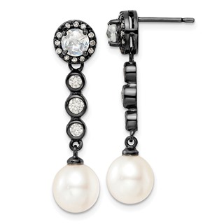 Sterling Silver Black Rhodium CZ & FWC Pearl Drop Earrings