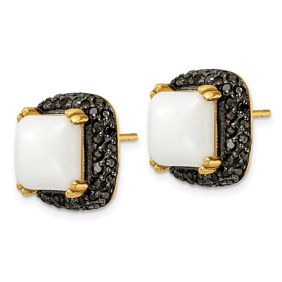 SS Gold-tone Blk Rhodium Simulated White Agate & Black CZ Earrings