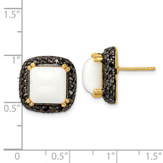SS Gold-tone Blk Rhodium Simulated White Agate & Black CZ Earrings