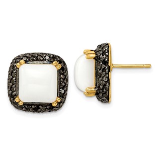 SS Gold-tone Blk Rhodium Simulated White Agate & Black CZ Earrings
