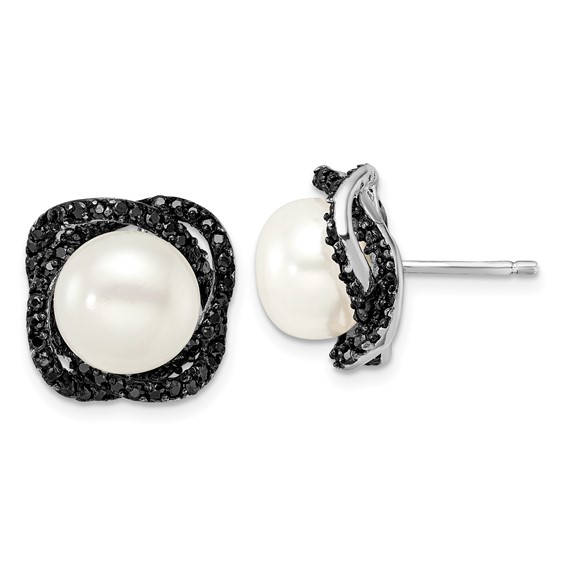 Sterling Silver Black Rhodium FWC Pearl & CZ Post Earrings
