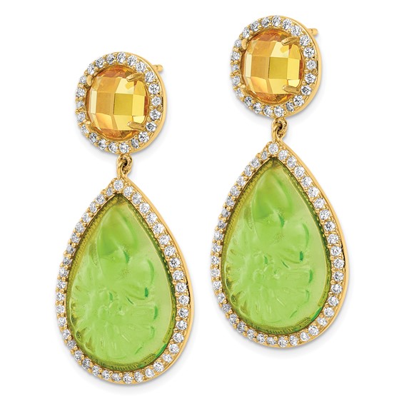 Gold Plate Silver Simulated Peridot Carved Pear Drop with cz Earring