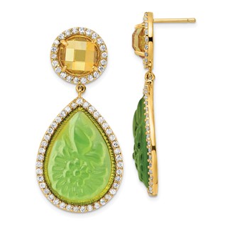 Gold Plate Silver Simulated Peridot Carved Pear Drop with cz Earring