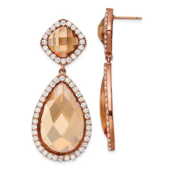 Rose Gold Plated Silverbig Champagne Cz Pear Drop Earring with Coco Cz Top
