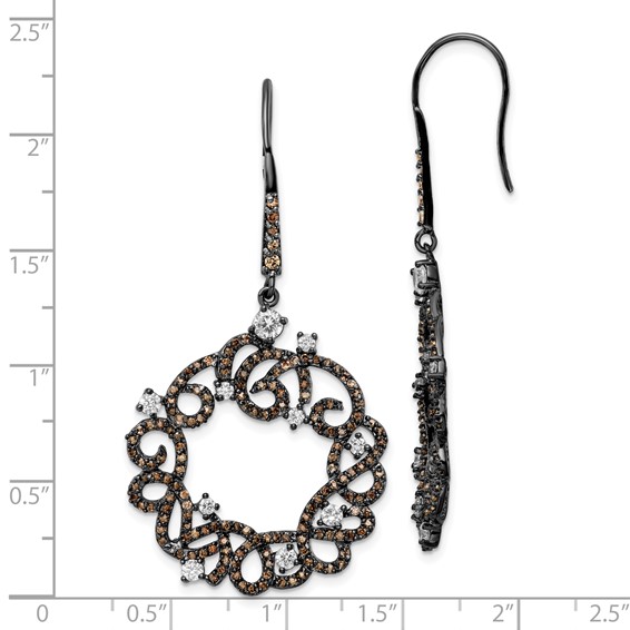 Sterling Silver Black RH-plated White & Brown CZ Wreath Design Earrings