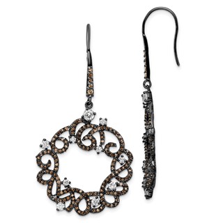 Sterling Silver Black RH-plated White & Brown CZ Wreath Design Earrings