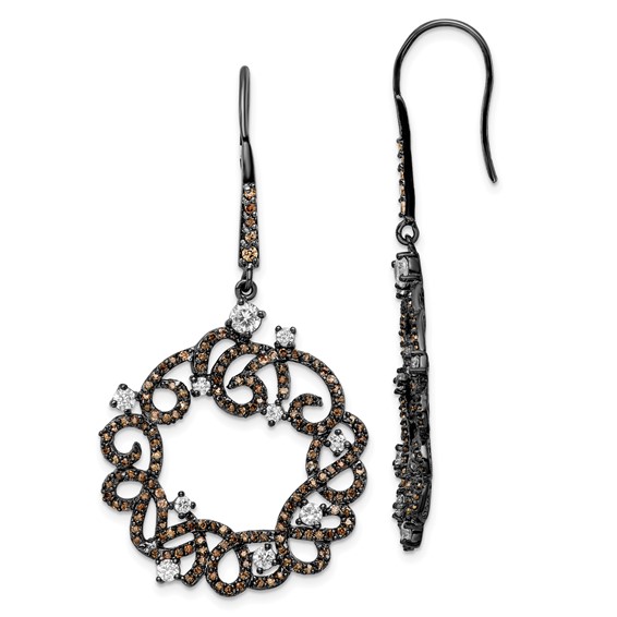 Sterling Silver Black RH-plated White & Brown CZ Wreath Design Earrings