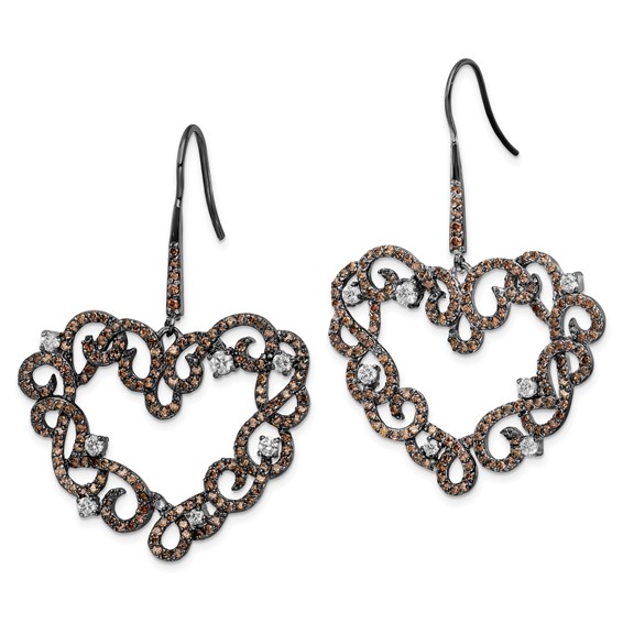 Sterling Silver Black RH-plated White & Brown CZ Heart Shape Drop Earrings