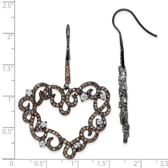 Sterling Silver Black RH-plated White & Brown CZ Heart Shape Drop Earrings