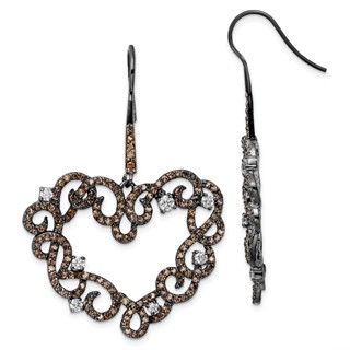 Sterling Silver Black RH-plated White & Brown CZ Heart Shape Drop Earrings