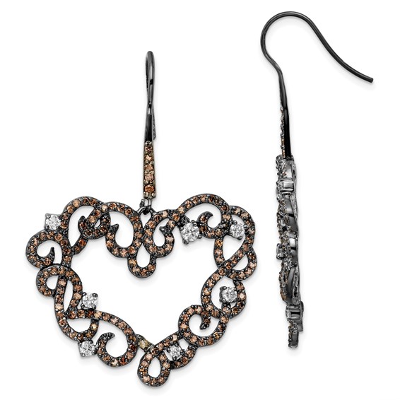 Sterling Silver Black RH-plated White & Brown CZ Heart Shape Drop Earrings