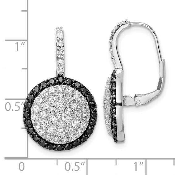Sterling Silver Rhodium-plated Black & White CZ Disk Leverback Earrings