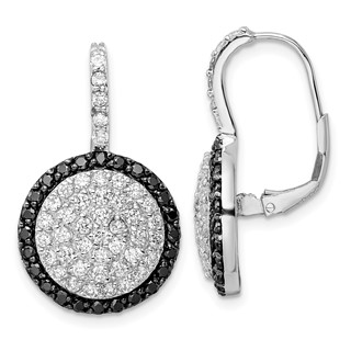 Sterling Silver Rhodium-plated Black & White CZ Disk Leverback Earrings