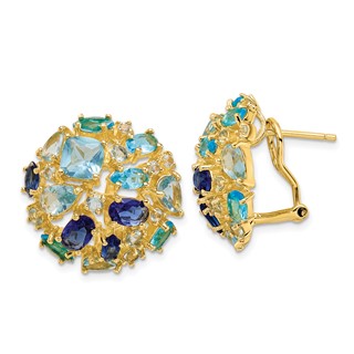 Sterling Silver Gold-tone Multi Color Blue CZ Omega Back Earrings