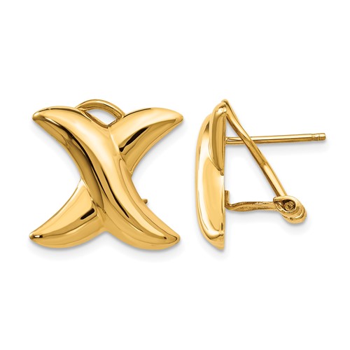 14K 16mm Yellow Gold Polished X Omega Back Post Earrings