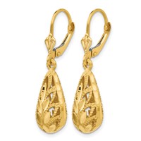 14K Yellow Gold Polished Diamond-Cut Teardrop Dangle Leverback Earrings view 2
