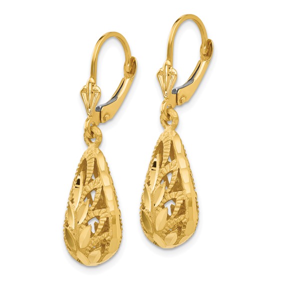 14k Polished Diamond-Cut Teardrop Dangle Leverback Earrings