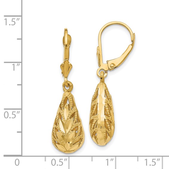 14k Polished Diamond-Cut Teardrop Dangle Leverback Earrings