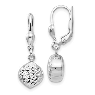 14k White Gold Polished Diamond-Cut Circle Dangle Leverback Earrings
