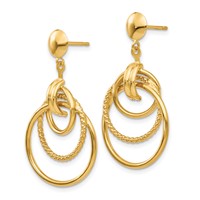 14K Yellow Gold Polished and Textured Intertwined Circles Dangle Post Earrings view 2