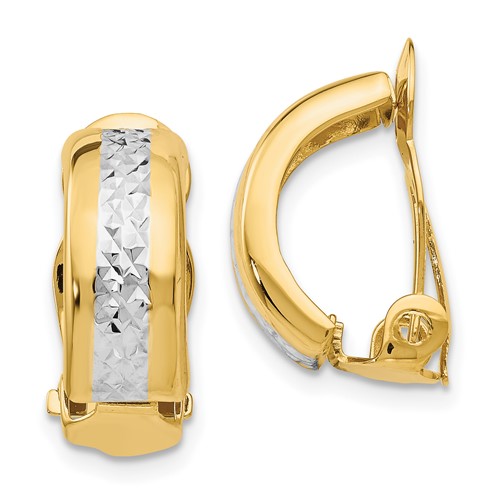 14K and White Rhodium 6x 17mm Diamond-cut Half Hoop Omega Back Non-pierced Earrings