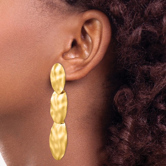 14k Polished Hammered Graduated 3-Circle Dangle Post Earrings